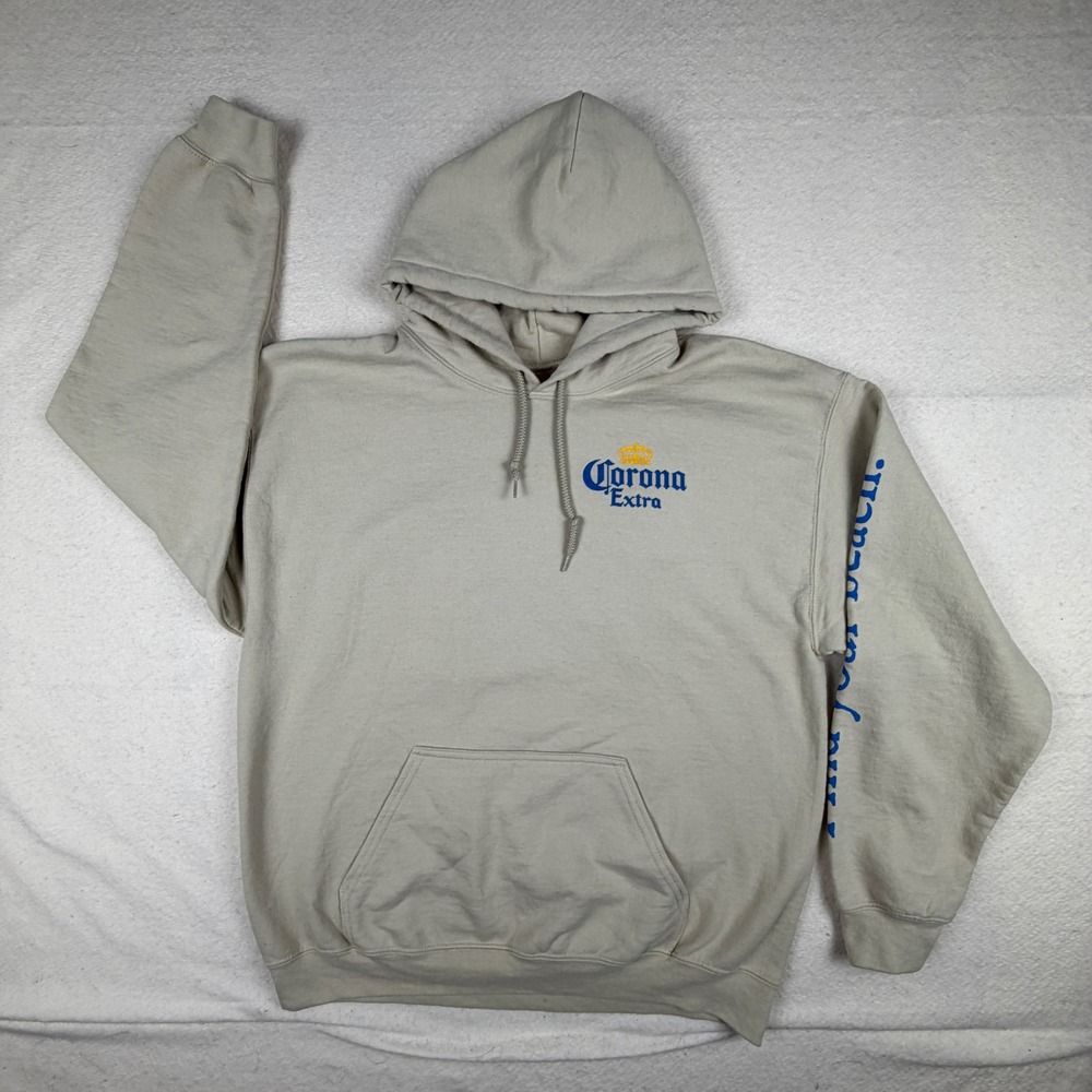 Corona Extra Hoodie Mens Large Tan Find Your Beach Beer Graphic Sweatshirt L